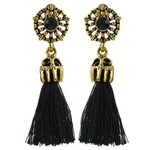 Gold Tone Vintage Earrings With Black Tassel